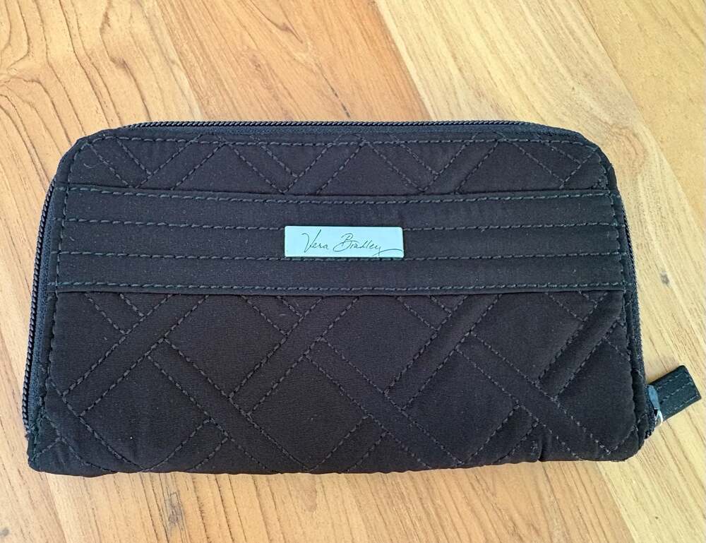 Vera Bradley Black Quilted Zip-Around Wallet Geometric Interior EUC